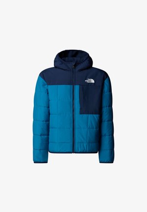 Jachetă puffer în nuanțe de albastru și bleumarin, prevăzută cu glugă, textura matlasată, fermoar frontal și un buzunar pe piept cu detaliu de logo.