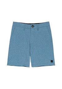 Pantaloni shorts azzurri chiari in tessuto testurizzato, con chiusura a bottone, due tasche frontali e una piccola etichetta nera in basso a sinistra.