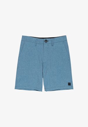 Light blue shorts with a textured fabric, featuring a button closure, two front pockets, and a small black logo patch on the bottom left.