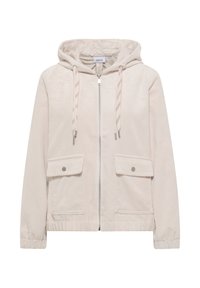 Lichtbeige corduroy jack met een capuchon, ritssluiting aan de voorkant, twee voortassen en elastische manchetten. Subtiel streeppatroon op de stof.