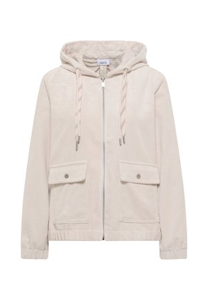 Veste en velours côtelé beige clair avec une capuche, fermeture éclair à l'avant, deux poches avant et poignets élastiques. Motif à rayures subtil sur le tissu.