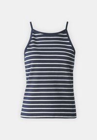 Navy blue tank top with white horizontal stripes, thin straps, a rounded neckline, and a fitted silhouette crafted from soft cotton material.