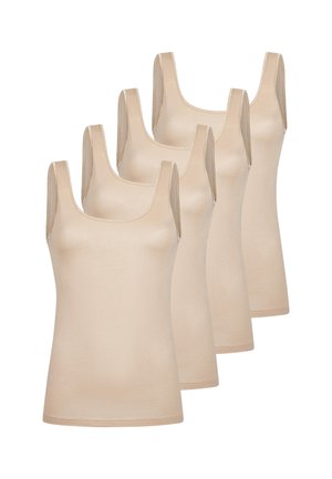 Cinque canotte beige senza maniche disposte sfalsate su uno sfondo bianco, vista frontale con scollature a girocollo.