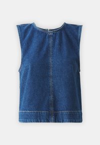 Haut sans manches en denim bleu foncé avec un col rond. Présente des coutures apparentes et une coupe large et décontractée. Fermeture éclair au dos.