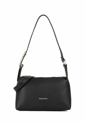 Borsa a tracolla Valentino nera in pelle con logo dorato, cerniera superiore e tracolla regolabile.