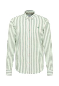 Zielono-biała koszula w paski z kołnierzykiem zapinanym na guziki, z drewnianymi guzikami i wyszywanym logo na piersi.