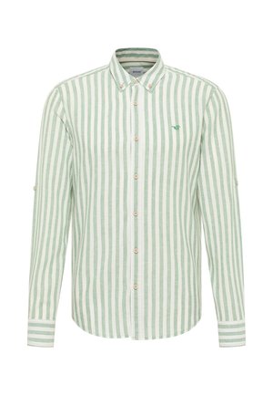 Grün-weiß gestreifes Hemd mit Kragen zum Knöpfen, ausgestattet mit Holzknöpfen und einem gestickten Logo auf der Brust.