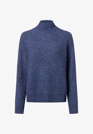 Long-sleeve, ribbed knit navy blue sweater with a high mock neck collar and a slightly loose fit.