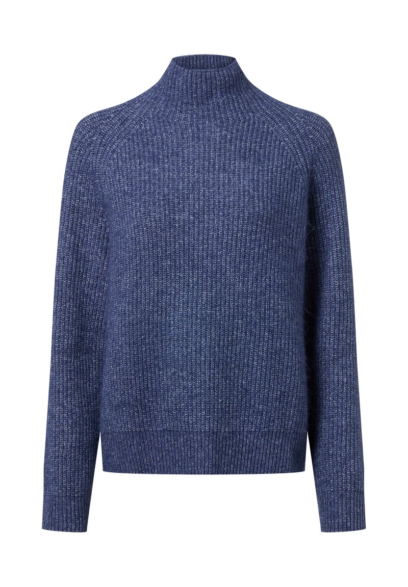 Langsleeve, geribbelde trui in marineblauw met een hoge opstaande kraag en een iets losse pasvorm.