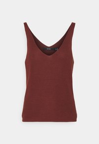 Mouwloos gebreid topje in donkerrood met een diepe V-hals en brede schouderbanden, ontworpen voor casual wear.