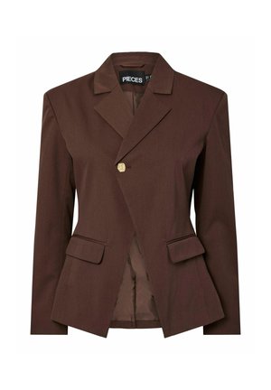 Brun skræddersyet blazer med en enkelt guldknap lukning, notch-lapper og to frontlommer. Glat stof med en struktureret pasform.