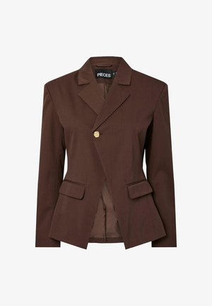 Brązowa marynarka o dopasowanym kroju z pojedynczym zapięciem na złoty guzik, klapami w kształcie litery V i dwoma przednimi kieszeniami. Gładki materiał o sztywnym fasonie.
