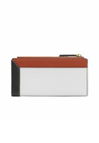 Portafoglio in pelle con corpo bianco, accento arancione e bordi neri. Design rettangolare elegante con chiusura a zip e dettagli in hardware dorato.
