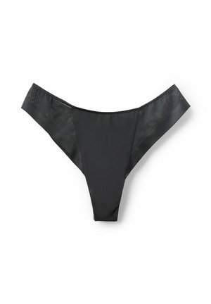 Black thong underwear made of smooth fabric with sheer mesh panels on the sides. Features a minimalistic design and a comfortable fit.