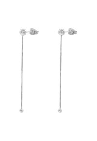 Orecchini in argento con una lunga catena sottile e accenti sferici a entrambe le estremità. Il design presenta uno stile semplice e moderno.