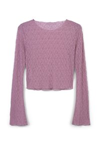 Top in pizzo a maniche lunghe di colore rosa chiaro, con scollatura rotonda e orlo corto, caratterizzato da un delicato motivo a diamante e maniche a campana.