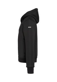 Zwarte hoodie met een ritssluiting aan de voorkant, geribbelde manchetten en een logopatch op de mouw. Gladde stof met een nauwsluitend design.