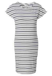 Sukienka w paski z niebieskimi i białymi poziomymi paskami, krótkimi rękawami oraz dopasowanym krojem z okrągłym dekoltem. Gładka faktura materiału.