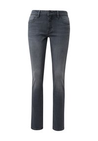 Dunkelgraue Denim-Jeans mit schmalem Schnitt, ausgestattet mit einem vorderen Knopfverschluss, fünf Taschen und dezenten Verwaschungen an den Beinen.