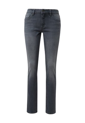 Jeans in denim grigio scuro con vestibilità slim, dotati di chiusura frontale con bottone, cinque tasche e leggeri dettagli di scolorimento sulle gambe.