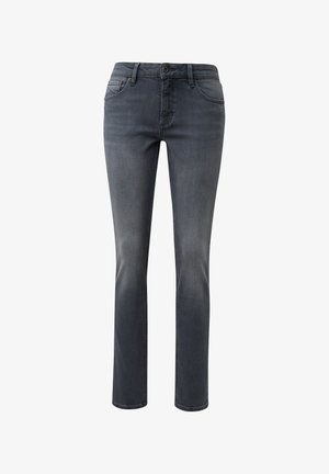 Jeans in denim grigio scuro con vestibilità slim, dotati di chiusura frontale con bottone, cinque tasche e leggeri dettagli di scolorimento sulle gambe.