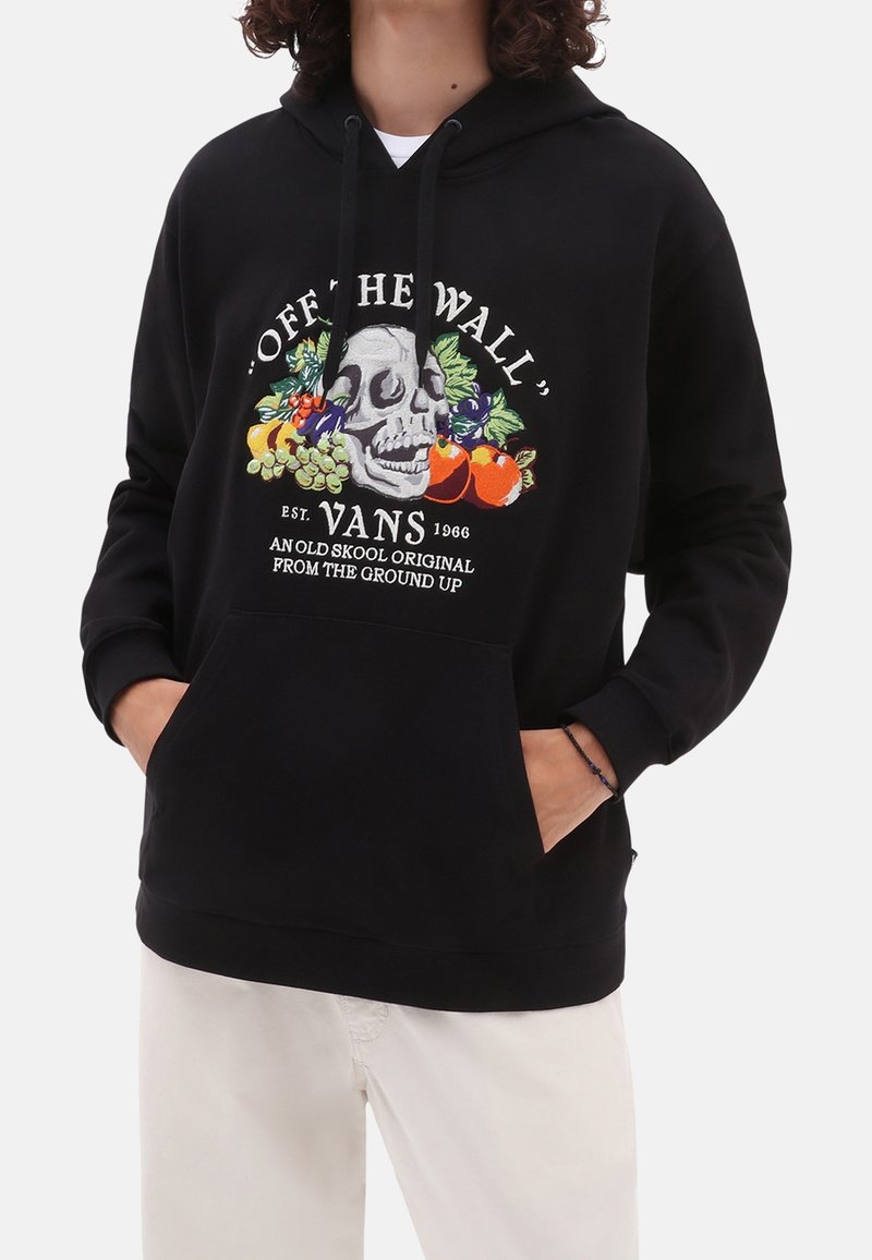 Sweat à capuche noir avec un motif graphique représentant un crâne et des fruits colorés, capuche avec cordon de serrage, poche kangourou à l'avant, fabriqué en mélange de coton.