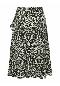 Hame suunnittelu mustasta ja kermanvärisestä kuviosta, jossa on levenevä helma ja röyhelöyksityiskohta. Se on valmistettu teksturoidusta kankaasta, ja siinä on joustava vyötärö.