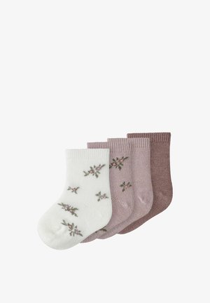 Set aus vier Socken: eine weiße mit floralem Muster, drei Schattierungen von Mauve, geripptem Textur, Knöchelhöhe, aus weichem Baumwollmaterial.