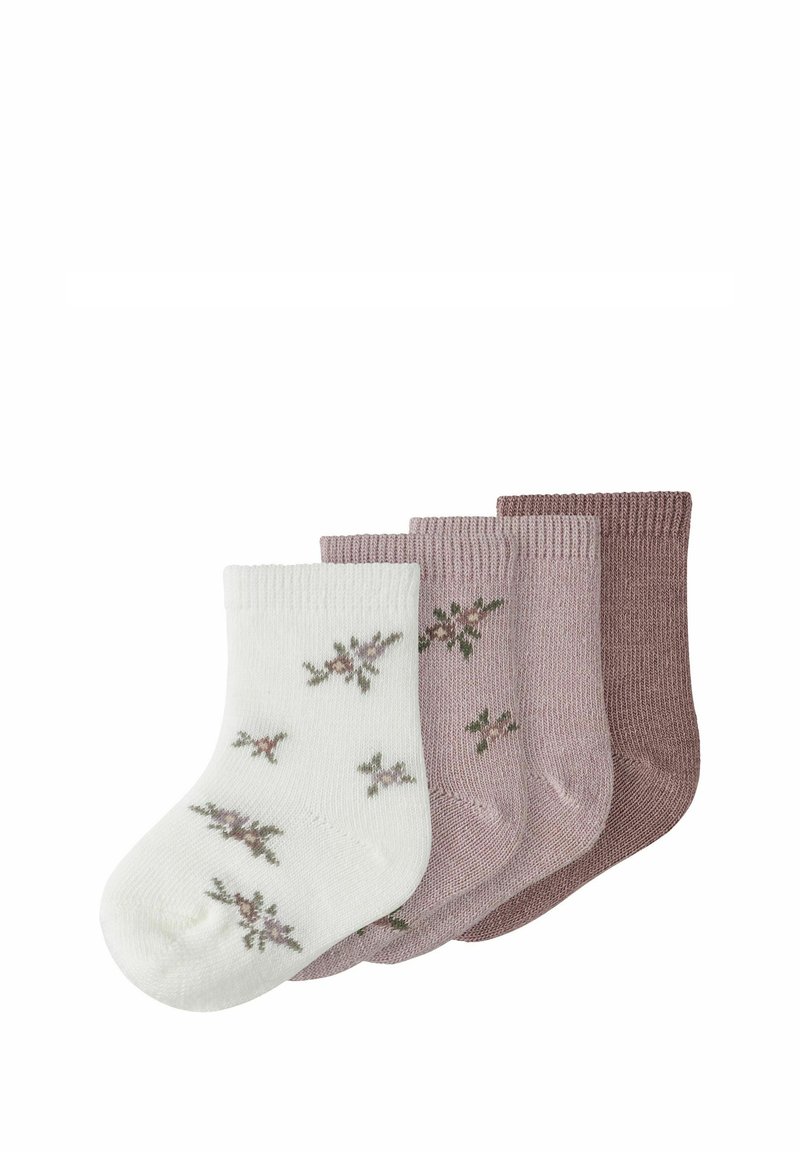 Set aus vier Socken: eine weiße mit floralem Muster, drei Schattierungen von Mauve, geripptem Textur, Knöchelhöhe, aus weichem Baumwollmaterial.