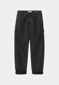 Pantalones de mezclilla negros con un ajuste relajado, con puños enrollados, bolsillos laterales y una cinturilla clásica. Textura suave y diseño minimalista.