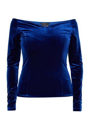 Fluwelen off-the-shoulder top in diepblauw. Lange mouwen met een aansluitende pasvorm. Heeft een V-vormige halslijn en een soepele textuur.