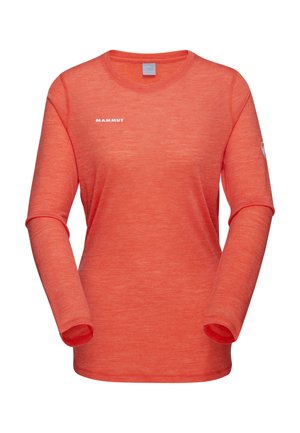 Maglietta sportiva da donna a maniche lunghe, scollo a girocollo, arancione mélange, con logo "Mammut" sul petto e piccolo emblema sulla manica sinistra.