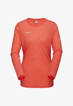 Maglietta sportiva da donna a maniche lunghe, scollo a girocollo, arancione mélange, con logo "Mammut" sul petto e piccolo emblema sulla manica sinistra.