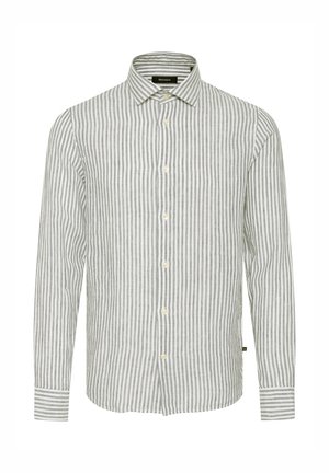 Hallid halli ja valge triibuline nööbiga särk pika varrukaga, klassikalise kraega ja eest nööpidega; omab tekstuuri ning igapäevast disaini.