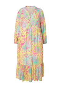 Abito colorato fino al ginocchio realizzato in un tessuto morbido con un vivace motivo leopardato nei colori rosa, giallo e verde, e un orlo arricciato.