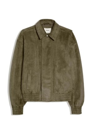 Olive green suede jacket with collar, front pockets, elastic cuffs, and elastic waistband, labeled Bershka.