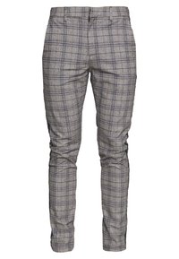 Grijs geruite broek met een slim fit, voorzien van een fijn ruitpatroon en subtiele textuur. Hoog gesneden ontwerp met riemlussen en zijzakken.
