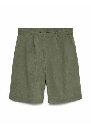Heren linnen shorts in olijfgroen met riemlussen, voorzakken en een verborgen ritssluiting aan de voorkant.