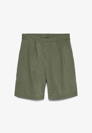 Short en lin vert olive pour homme avec passants de ceinture, poches avant et fermeture éclair dissimulée à l'avant.