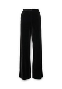 Zwarte fluwelen broek met een wijde pijp, voorzien van een knoopsluiting aan de voorkant en een zachte, gladde textuur overal.