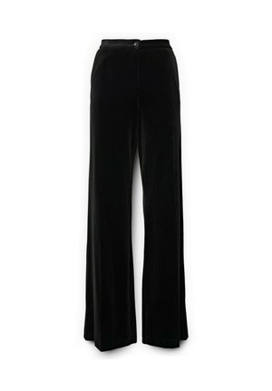 Pantaloni in velluto nero con design a gamba larga, chiusura frontale con bottoni e una texture morbida e liscia su tutta la superficie.