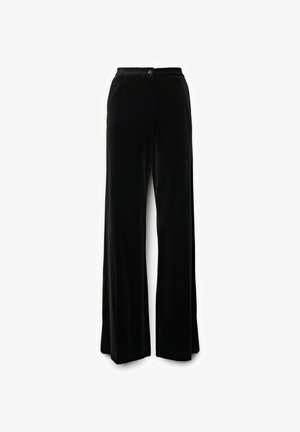 Pantaloni in velluto nero con design a gamba larga, chiusura frontale con bottoni e una texture morbida e liscia su tutta la superficie.