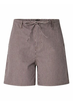 Shorts rayés verticaux marron et blanc avec un cordon à l'avant et des passants de ceinture, présentés sur un fond blanc.