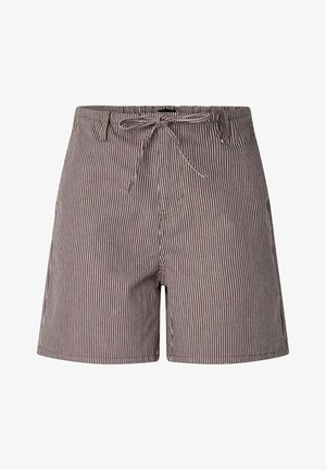Shorts rayés verticaux marron et blanc avec un cordon à l'avant et des passants de ceinture, présentés sur un fond blanc.