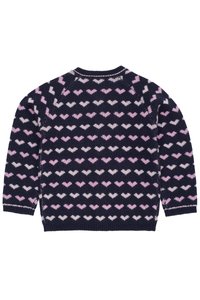 Granatowy sweter dzianinowy z serduszkowym wzorem w kolorze różowym i białym. Długie rękawy, okrągły dekolt, z ściągaczami przy mankietach i u dołu.