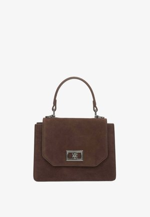 Brązowa torebka zamszowa o strukturalnym kształcie, wyposażona w górny uchwyt, metalowe zapięcie i gładką fakturę.