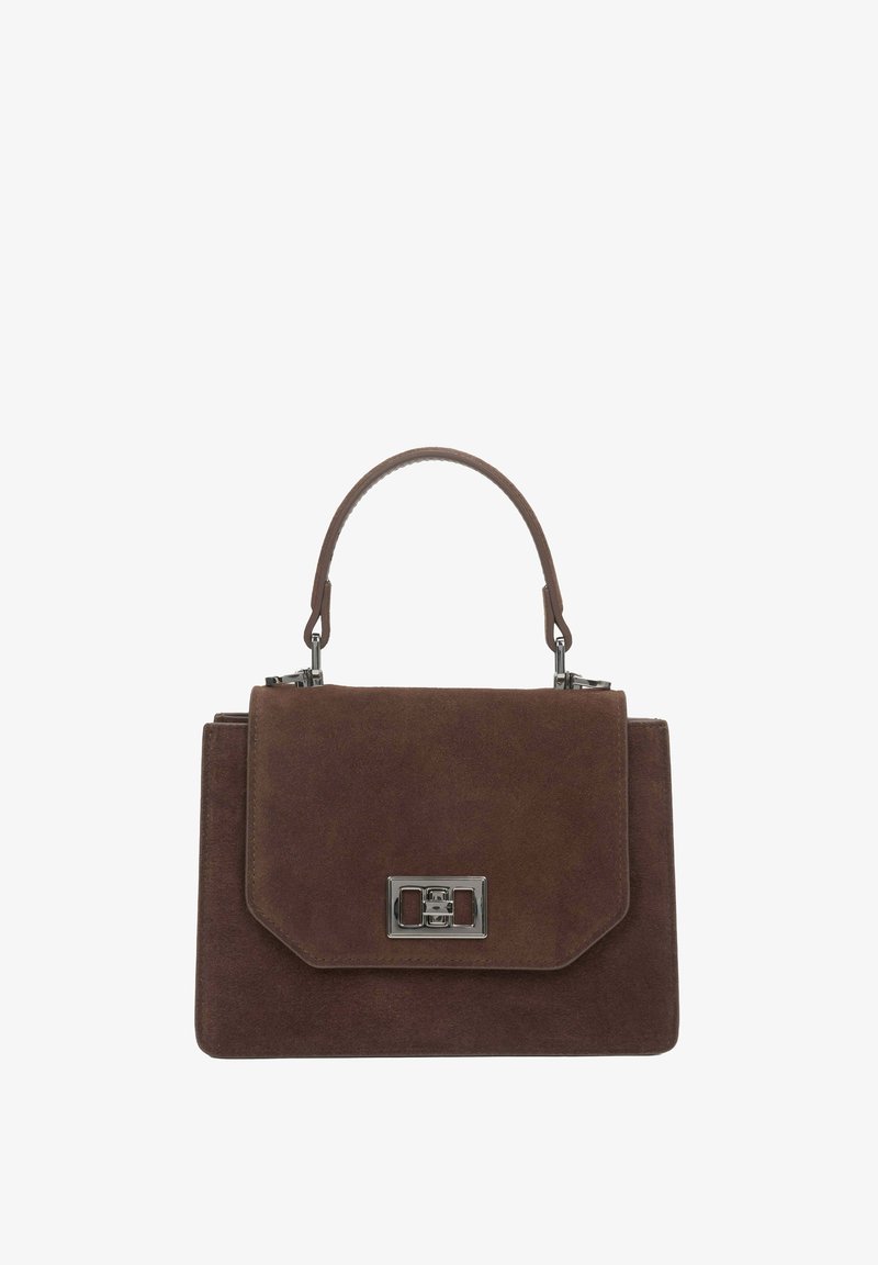 Bruine suède handtas met een gestructureerd ontwerp, voorzien van een handvat aan de bovenkant, metalen sluiting en een gladde textuur.