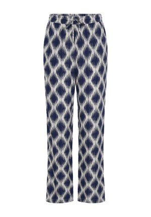 Pantalon à coupe ample avec taille élastique et motif losanges bleu marine sur fond blanc, coupe droite.