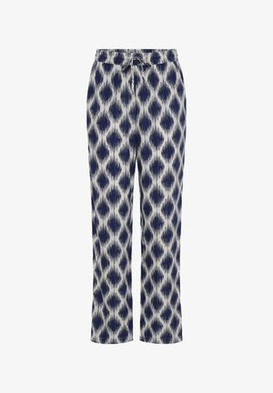 Pantalon à coupe ample avec taille élastique et motif losanges bleu marine sur fond blanc, coupe droite.