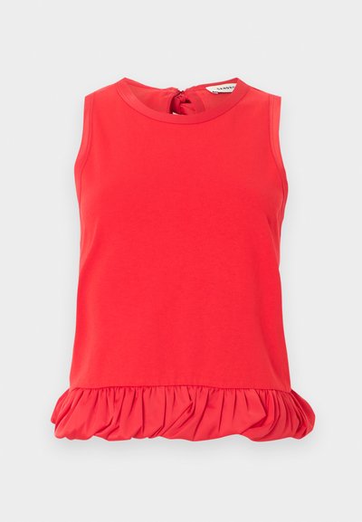 Αμάνικη μπλούζα σε φωτεινό κόκκινο χρώμα με στρογγυλή λαιμόκοψη και φουσκωτό τελείωμα με ριγέ, κλείσιμο με κουμπιά στην πλάτη, ελαφρύ ύφασμα.